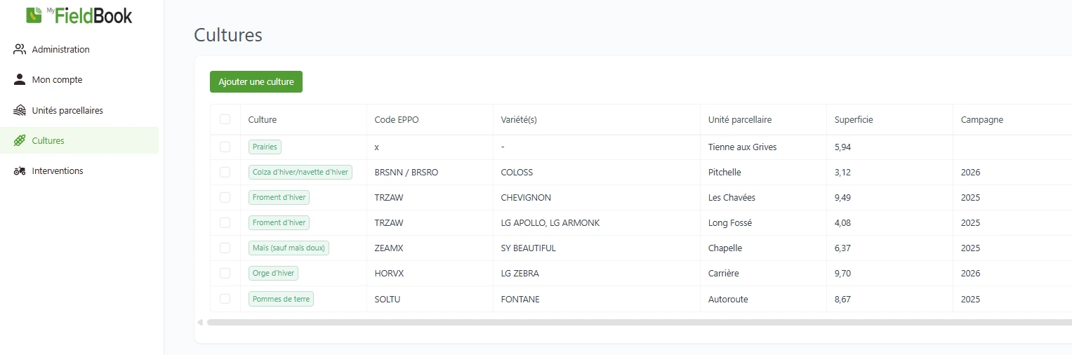 Capture d'écran MyFieldBook