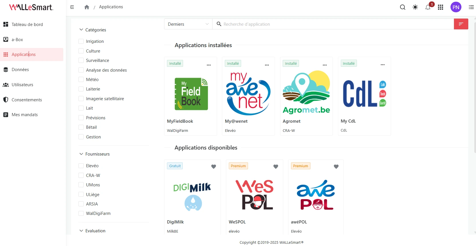 Onglet Applications sur WALLeSmart